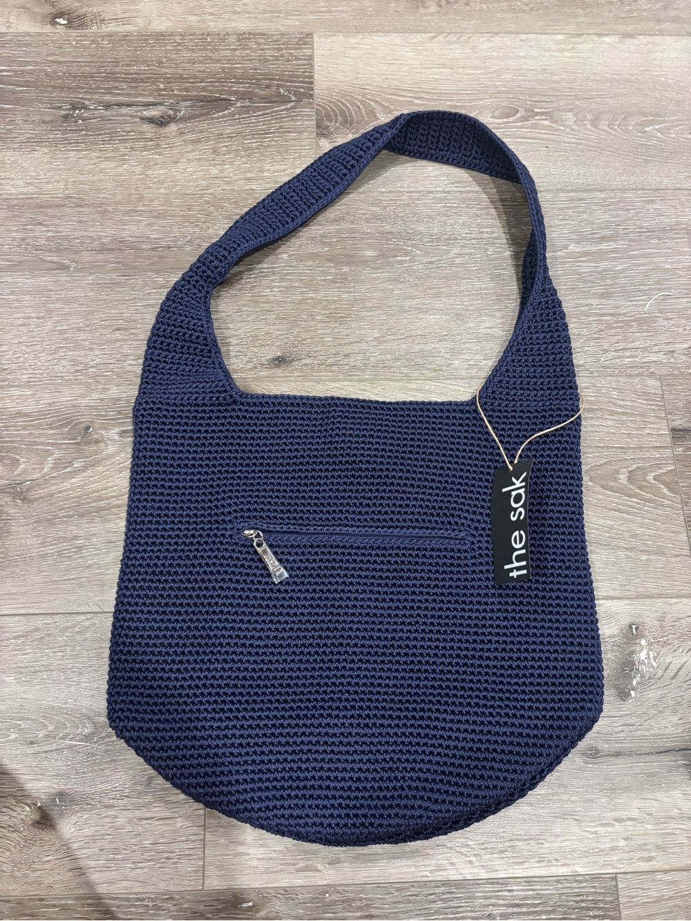 The Sak Navy Crochet Shoulder Bag with Front Zip